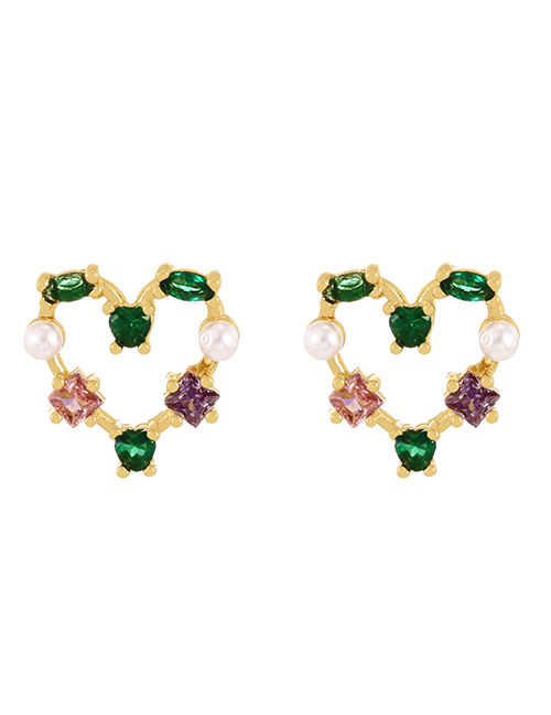 Fashion Color-2 Bronze Zircon Pearl Heart Stud Earrings
