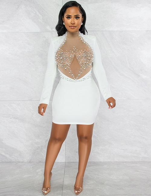 Fashion X5681-white Hot-drilled Mesh See-through Bubbly Mid-skirt Dress