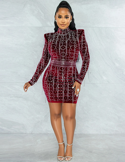 Fashion X5528-wine Red Hot Diamond Long Sleeve Chain Dress