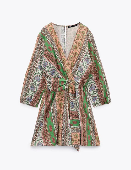 Fashion Green Geometric Print V-tie Dress