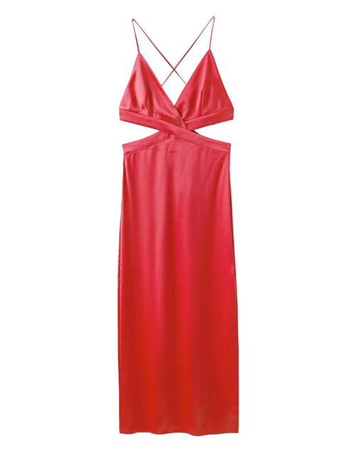 Fashion Red Silk-satin Cutout Dress
