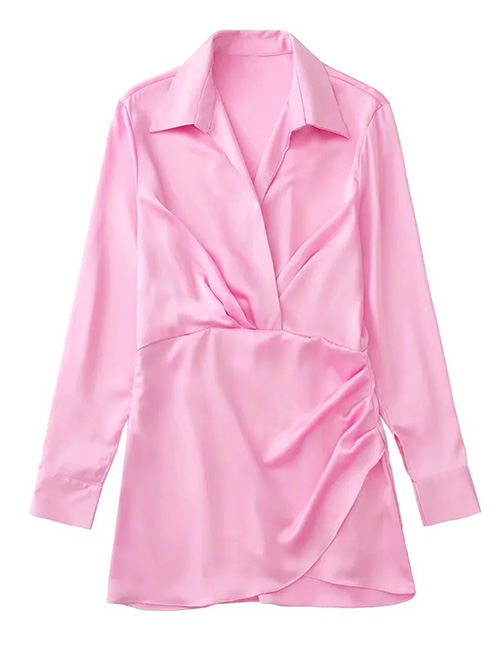 Fashion Pink Silk Satin Lapel Long Sleeve Dress