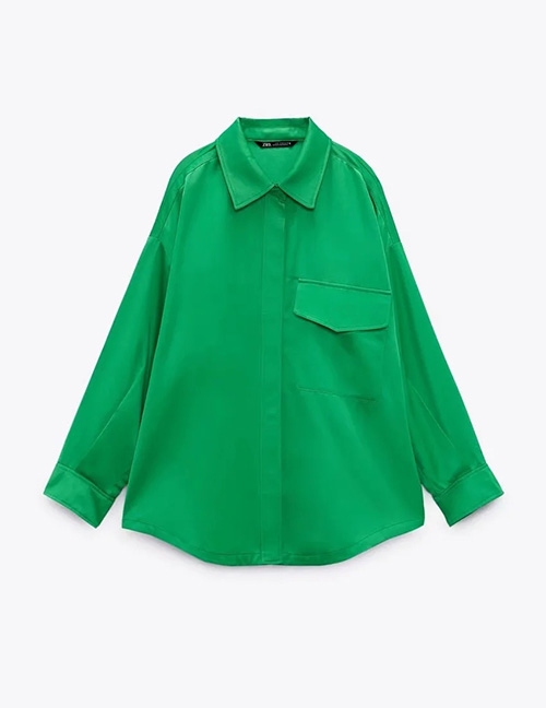 Fashion Green Silk-satin Button-up Shirt