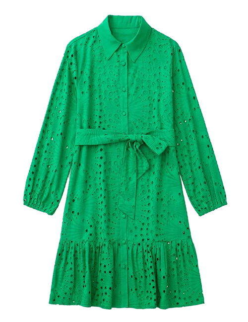 Fashion Green Cutout Embroidered Lace-up Dress