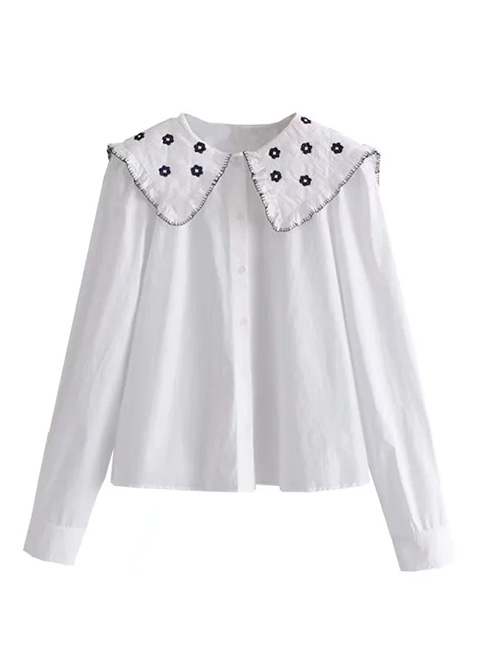 Fashion White Cotton Embroidered Collar Button-up Shirt