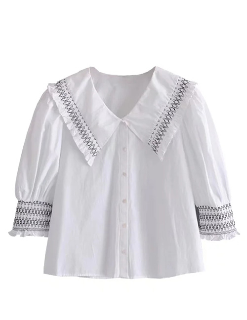 Fashion White Honeycomb Puff-sleeve Button-down Shirt