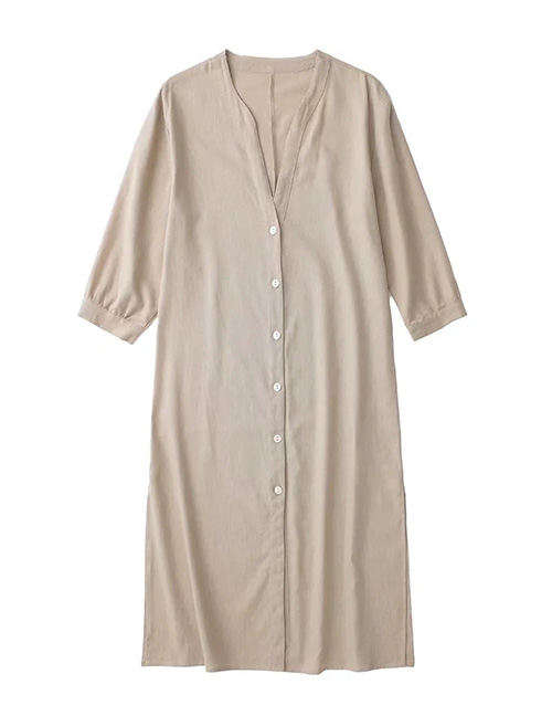 Fashion Khaki Linen V-neck Button-down Dress