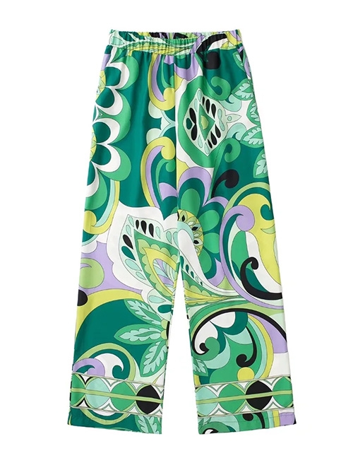 Fashion Green Geometric Print Elasticated Straight-leg Trousers