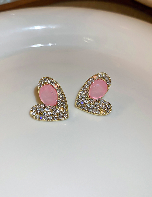 Fashion Pink Alloy Diamond Cat's Eye Love Stud Earrings