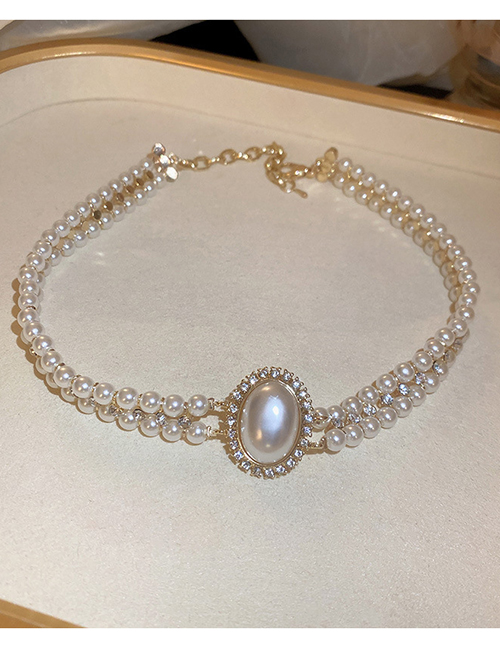 Fashion White Geometric Pearl Beaded Diamond Oval Necklace
