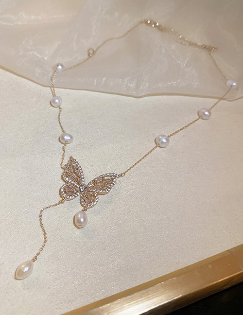 Fashion Gold Geometric Pearl-set Zirconium Butterfly Fringe Necklace