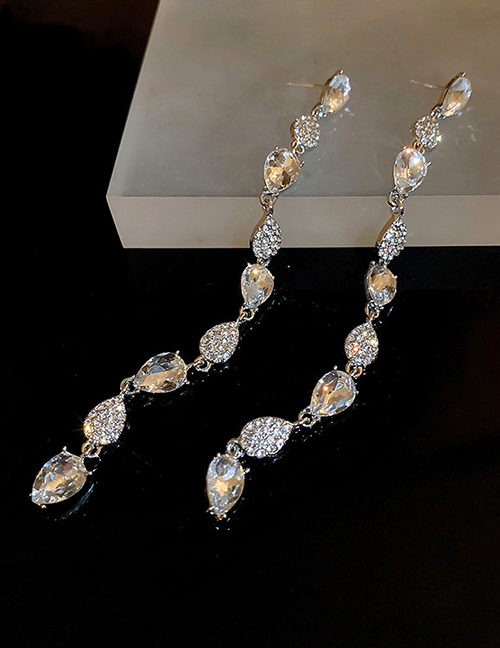 Fashion Silver Alloy Set Pear Drop Diamond Tassel Drop Earrings