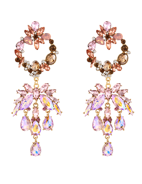 Fashion Light Pink Alloy Diamond Water Drop Flower Pendant Earrings