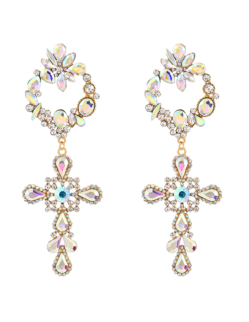 Fashion Ab Color Alloy Diamond Flower Cross Pendant Stud Earrings
