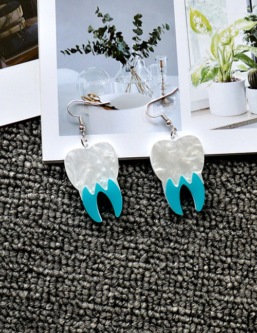 Fashion Tooth Blue Acrylic Mosaic Tooth Earrings