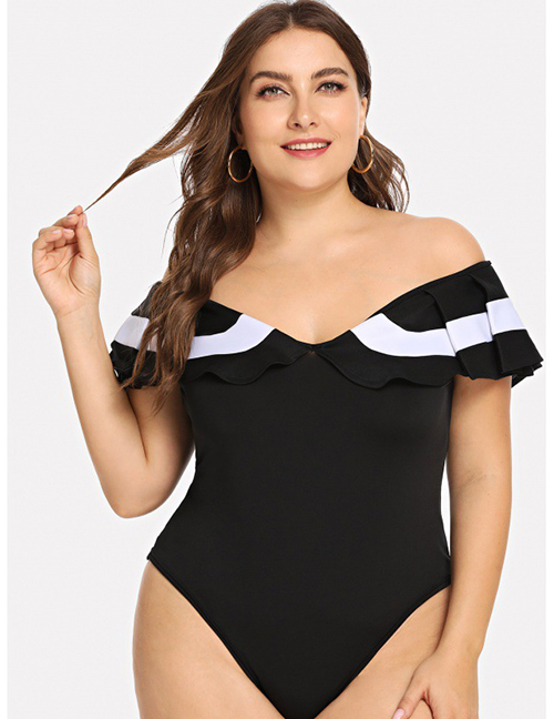 Fashion Black Solid Color One-piece Swimsuit With Lace Neckline