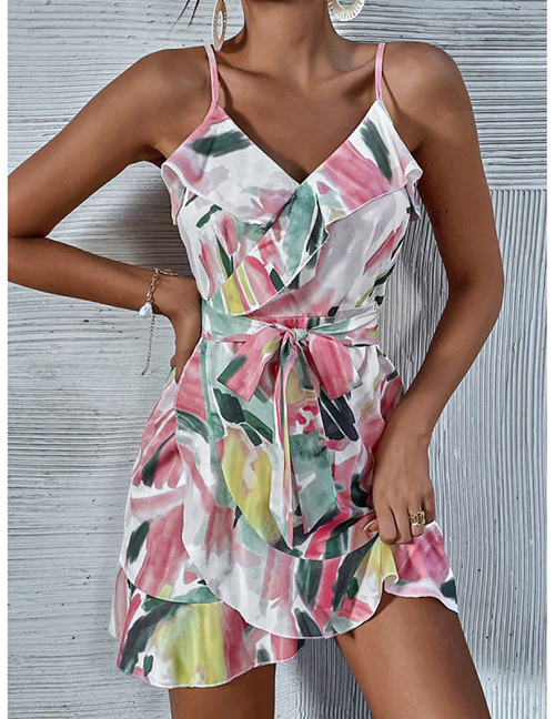 Fashion Color Geometric Print Lace Slip Dress