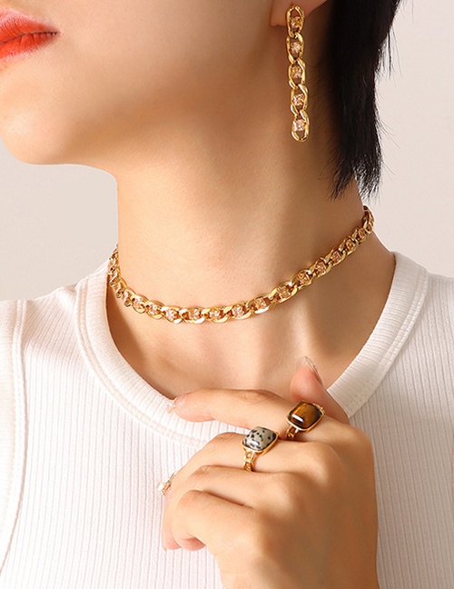 Fashion Gold Champagne Zircon Necklace-35+5cm Titanium Steel Diamond Chain Necklace
