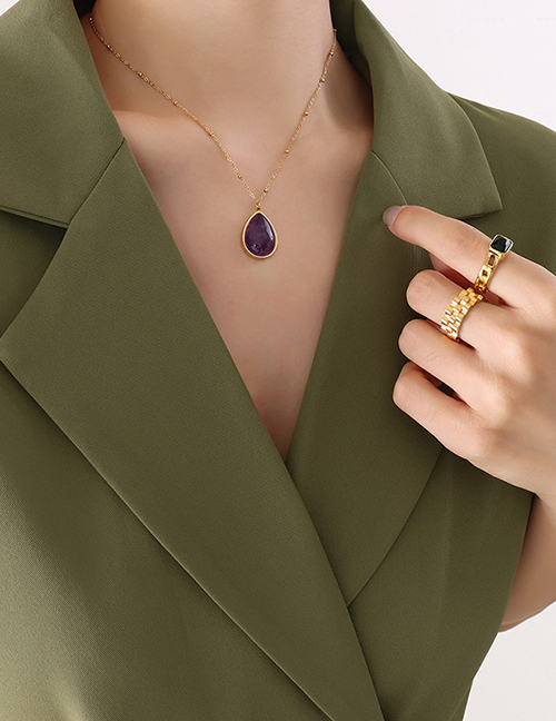 Fashion Gold Purple Natural Stone Necklace-40+5cm Titanium Steel Drop Shape Natural Stone Necklace