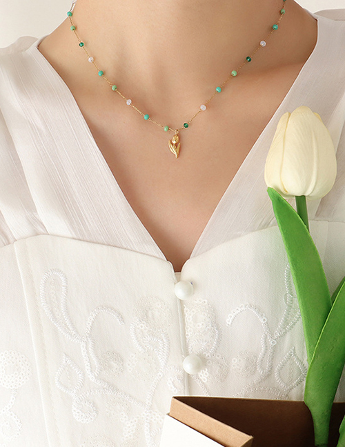 Fashion Gold Titanium Crystal Beaded Tulip Necklace