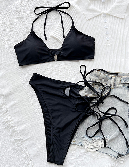Fashion Black Nylon Cutout Lace-up Swimsuit