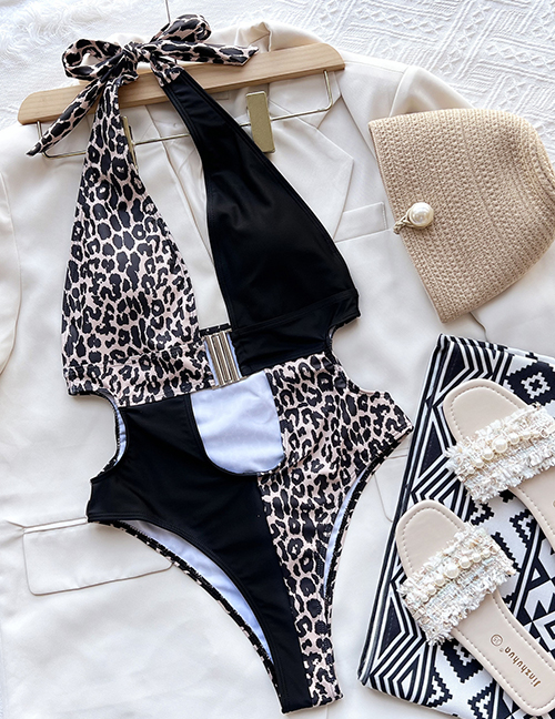 Fashion Black Panther Nylon Leopard-painted Cutout One-piece Swimsuit