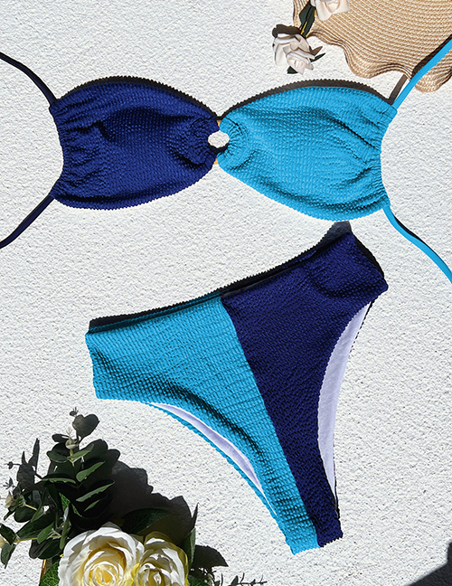 Fashion Blue Nylon Colorblock Split Swimsuit