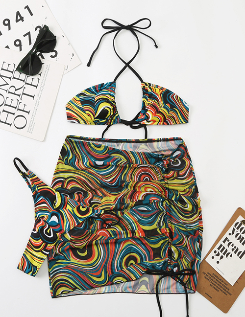 Fashion 4# Polyester Print Halter Neck Tie Split Swimsuit Three Piece