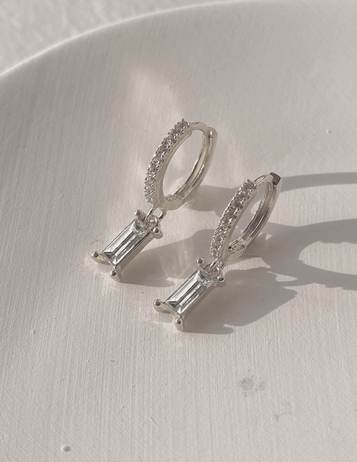 Fashion Silver Sapphire Brass Inlaid Zirconia Rectangular Treasure Earrings
