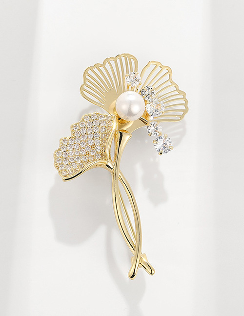 Fashion Gold Bronze Diamond And Pearl Ginkgo Leaf Brooch