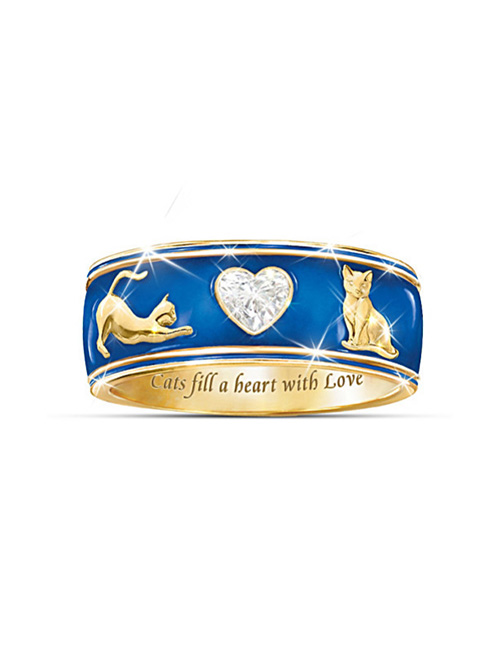 Fashion Blue Alloy Set Heart Diamond Cat Ring