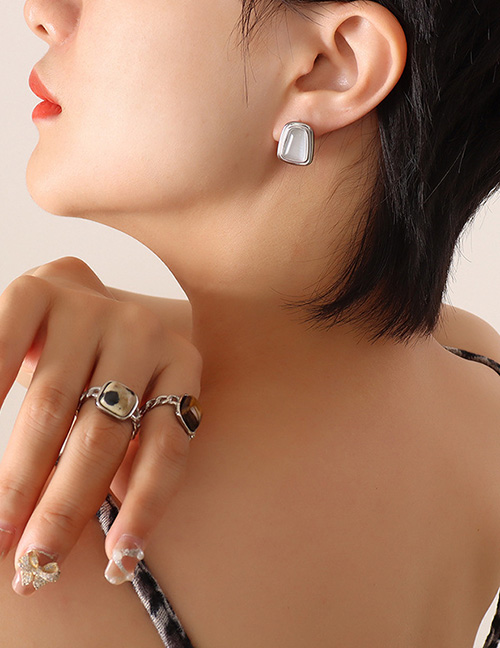 Fashion Pair Of Steel White Opal Earrings Titanium Geometric Square Opal Stud Earrings