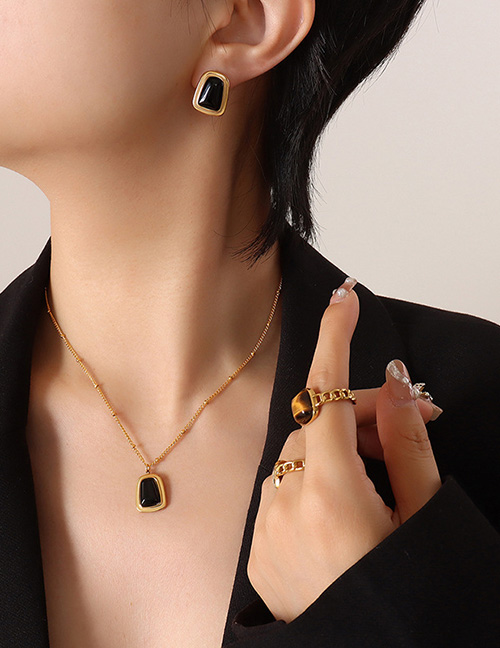 Fashion Pair Of Gold And Black Opal Earrings Titanium Geometric Square Opal Stud Earrings