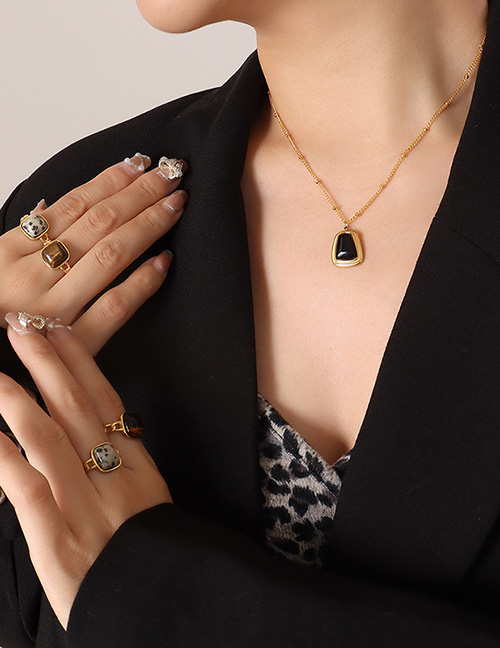 Fashion Gold Black Opal Necklace-40+5cm Titanium Geometric Square Opal Necklace