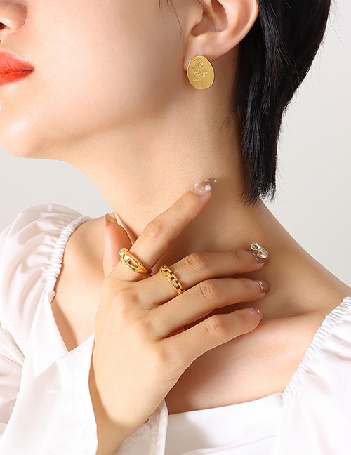 Fashion Gold Titanium Oval Embossed Rose Flower Stud Earrings