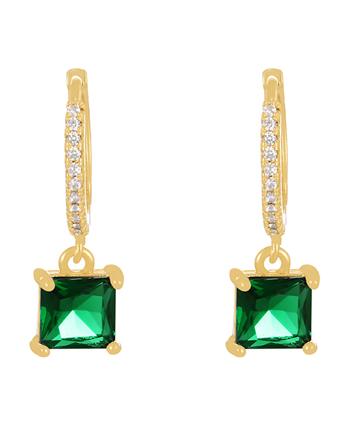 Fashion Dark Green + Gold Brass Set Square Zircon Drop Earrings
