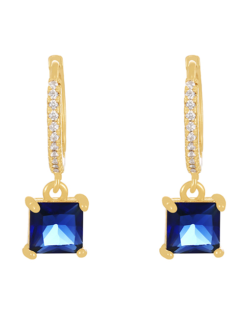 Fashion Dark Blue + Gold Brass Set Square Zircon Drop Earrings