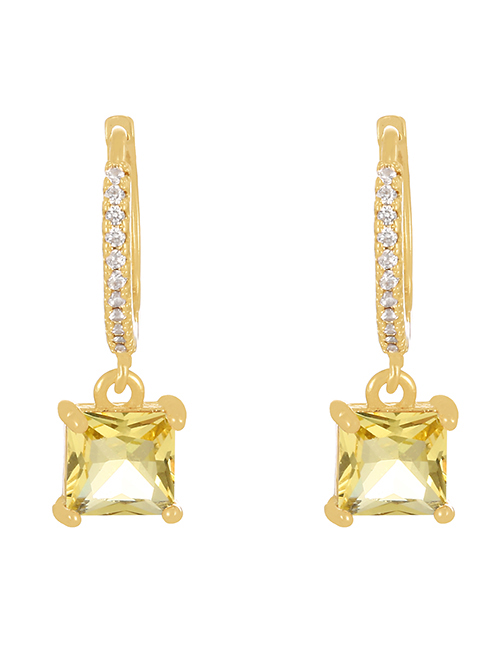 Fashion Yellow + Gold Brass Set Square Zircon Drop Earrings