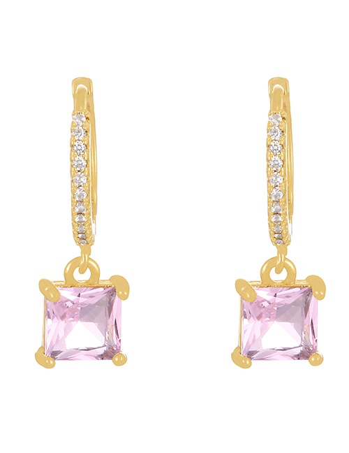 Fashion Pink + Gold Brass Set Square Zircon Drop Earrings