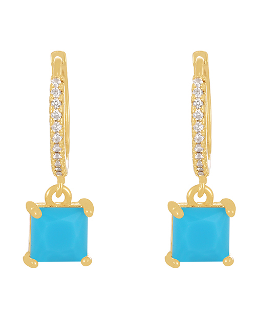 Fashion Blue + Gold Brass Set Square Zircon Drop Earrings