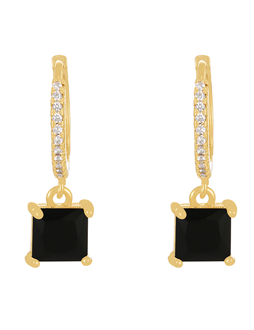 Fashion Black+gold Brass Set Square Zircon Drop Earrings