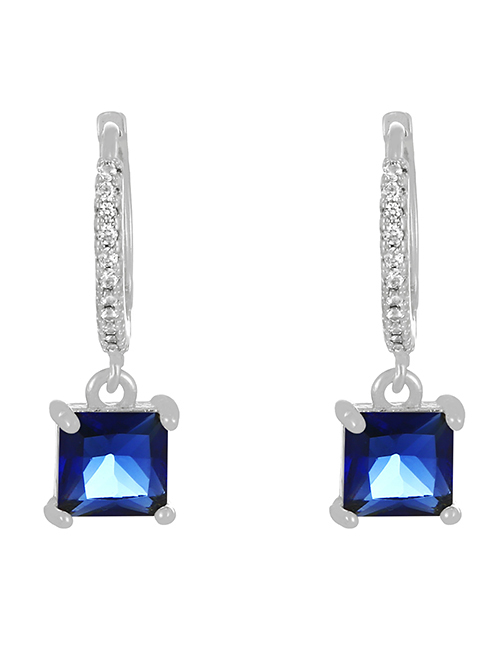 Fashion Dark Blue + Silver Brass Set Square Zircon Drop Earrings