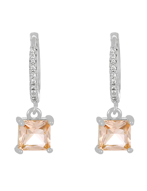Fashion Light Orange + Silver Brass Set Square Zircon Drop Earrings
