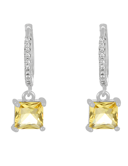 Fashion Yellow + Silver Brass Set Square Zircon Drop Earrings