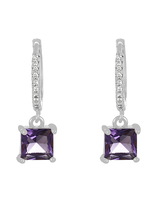 Fashion Purple + Silver Brass Set Square Zircon Drop Earrings