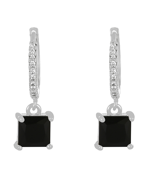 Fashion Black + Silver Brass Set Square Zircon Drop Earrings