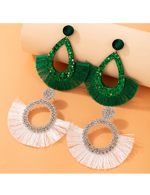 Fashion Pink + Green Alloy Diamond Round Tassel Stud Earrings