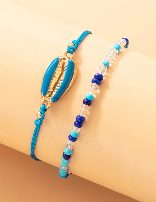 Fashion Blue Geometric Beaded Cord Braided Shell Bracelet Set