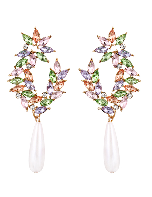 Fashion Color-2 Alloy Diamond Water Drop Flower Pearl Pendant Stud Earrings