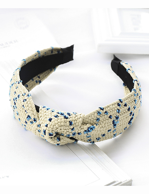 Fashion Beige + Blue Raffia Headband Fabric Raffia Braided Wide-brimmed Headband